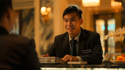 Checking into hotel, interacting with asian male receptionist.