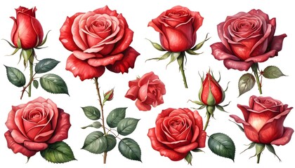 Set of red roses, watercolor illustration isolated on a white background