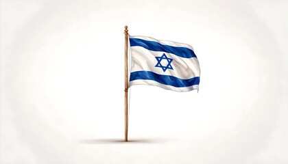 Obraz premium Israeli flag flying on a flagpole, isolated watercolor illustration on a white background. Waving flag of Israel.