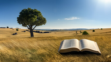 Holy Bible on a golden field. Natural landscape with green tree, blue sky & sun light. Metaphor for God's presence, wisdom of the word coming to life, personal growth through Christian faith.