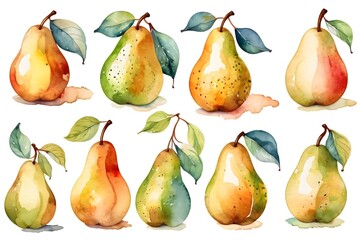 Set of fresh and ripe pear fruits with leaves, watercolor illustration isolated on a white background