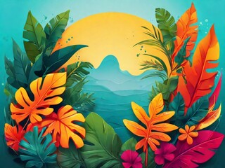 Fototapeta premium Summer concept design, abstract illustration with jungle exotic leaves, colorful design, summer background