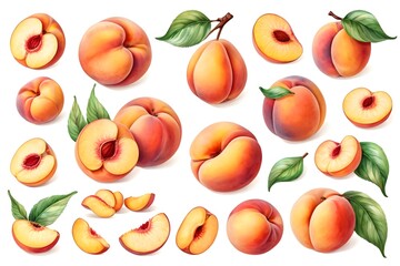 Set of fresh peaches fruits with leaves, isolated illustration on a white background