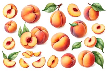 Obraz premium Set of fresh peaches fruits with leaves, isolated illustration on a white background