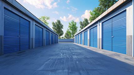 Outdoor storage unit facility with multiple blue roll-up doors, lined up on either side of a paved walkway, under a bright sky with scattered clouds and surrounding trees.