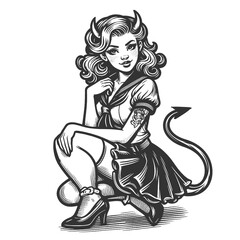 devil pin-up woman seated in a playful pose, featuring stylized horns and a tail sketch engraving generative ai fictional character vector illustration. Scratch board imitation. Black and white image.