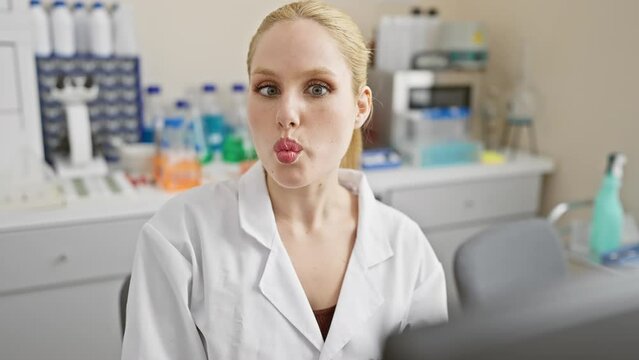 Comical young blonde scientist, with a crazy fish face, having fun at the lab while using a computer