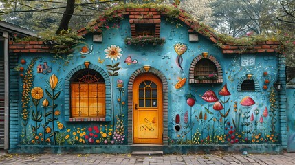 whimsical illustration painted on a brick wall, bringing a touch of fantasy and imagination to the urban landscape.stock image