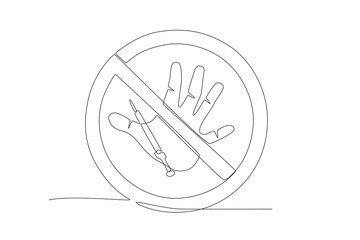 Symbol of prohibition of hands gripping drug syringes.Anti drug day one-line drawing