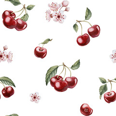 Cherry berries with flowers and leaves, watercolor floral seamless pattern on white background with spring blossom