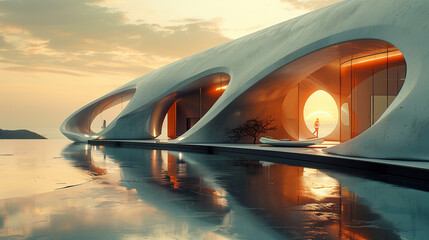 futuristic building 3D printing future house design after rain with reflection