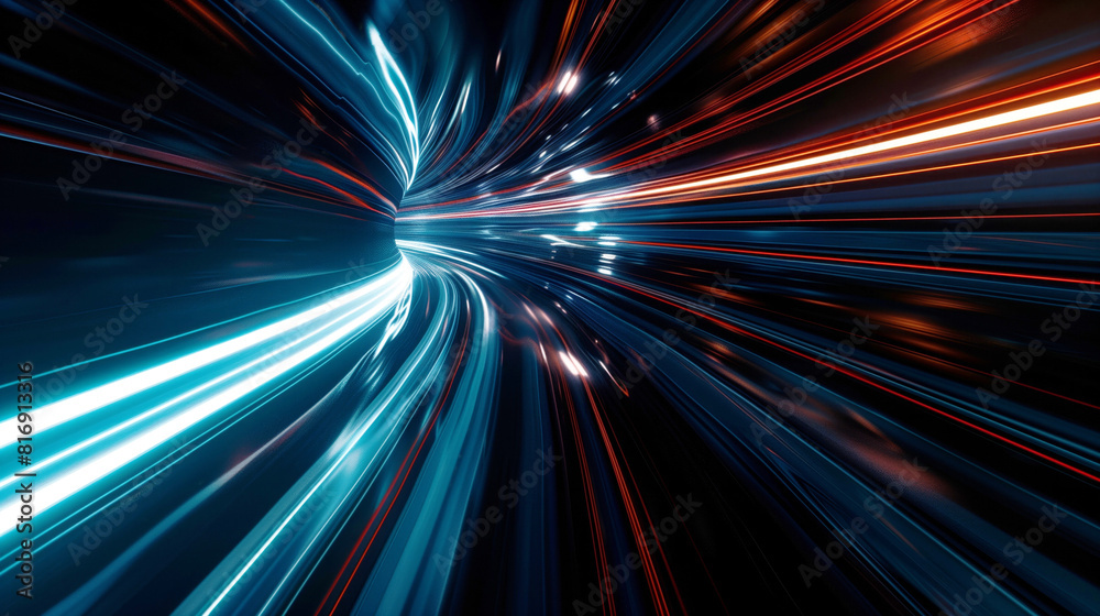 Canvas Prints Abstract image depicting motion blur with streaks of blue and red light, giving the impression of high-speed movement through a tunnel or a warp speed experience.