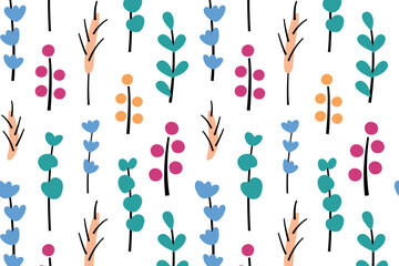 Cute colorful floral pattern, ornament of flowers icons, branches and spikelet doodles, vector illustrations of green leaves on white background, seamless colored pattern for wrapping paper