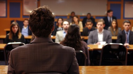 A man in a suit is seated in front of a group of people, engaged in a presentation or meeting.