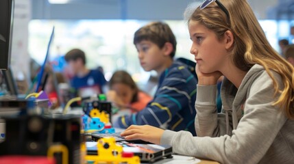 A group of children sitting at desks in a classroom and engaged in using computers for learning and educational activities.