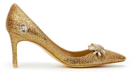 A sparkly gold stiletto heel with a crystal and rhinestone