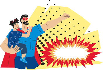 Super dad concept for greeting card or banner on Fathers Day and Fatherhood theme, flat cartoon illustration. Card with father in superhero costume holding a child.