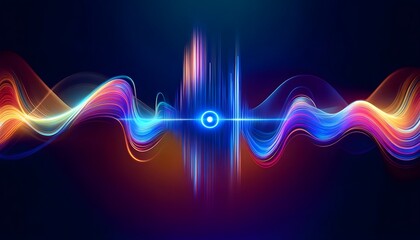 Artistic representation of an AI music assistant with neon-colored sound waves, symbolizing rich audio analysis and interaction.