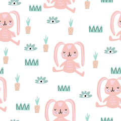 Cute seamless pattern with rabbit. Design for fabric. Cute summer background.