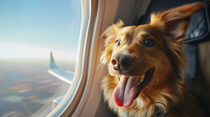 Traveling by plane with a pet. A happy dog sits in the passenger seat at the window of the plane and looks at the clouds