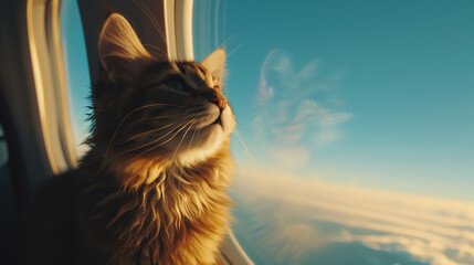 A cute red cat is sitting in the passenger seat of an airplane and looking out the window at the blue sky and white clouds