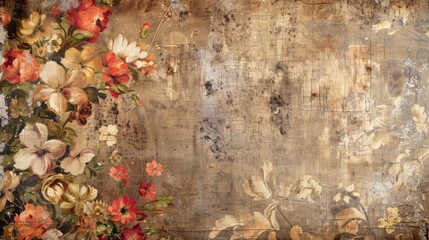Grunge vintage paper wallpaper design with old paint colors and floral patterns on a textured brown wall
