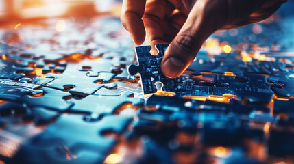 A close-up of a hand placing the last piece into a complex puzzle with digital and technological patterns, symbolizing problem-solving and innovation.
