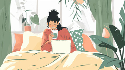 Illustration of a woman relaxing in bed with a laptop and a cup of coffee, surrounded by plants and cozy pillows in a bright, serene room.