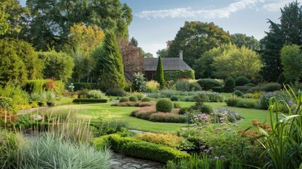 Fototapeta premium Abundant shrubbery in the expansive garden setting