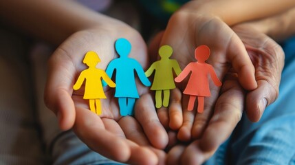 Children hands holding paper cutouts of family members, showcasing a creative and heartfelt activity.