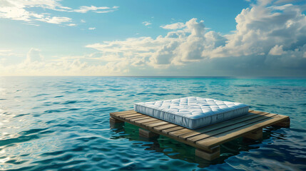 Fototapeta premium A serene scene with a white mattress on a small wooden dock floating on calm, blue ocean waters under a bright, partly cloudy sky.