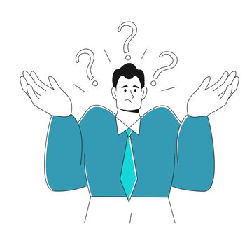 recommend clip art: modern young businessman shrugs his shoulders, doesn't know the answer, asks a question. Concept of business solutions, business process, problem solving