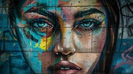 Street graffiti painting art with a woman's face on a brick wall
