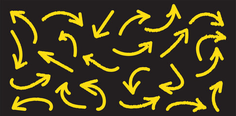 Hand drawn various curved lines and arrow curls. Drawing with a marker, different arrows in pen. Set of vector icons. Outline direction signs