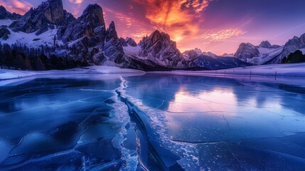Fototapeta premium Fifth image: Electric blue ice cracks under a fiery mountain sky - An electric blue foreground of cracked ice highlights a fiery sky silhouette of jagged mountains