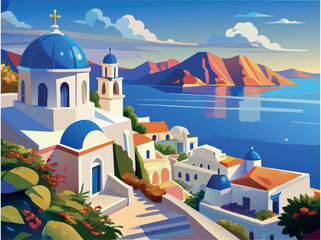 Greece painting of a small village with a blue church and a white house. The village is located near the ocean and has a peaceful, serene atmosphere