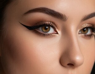 Fototapeta premium A woman with brown hair and brown eyes has her eyelashes curled up
