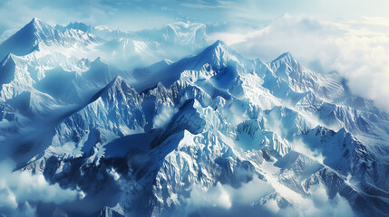 Fototapeta premium A stunning aerial view of a vast, snow-covered mountain range with sharp peaks and ridges, blanketed in clouds and mist, evoking a sense of majesty and serenity.