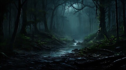 Obraz premium Enchanted Rain: Nighttime Rainfall in the Jungle 