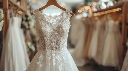 Beautiful wedding dresses, bridal dress hanging on hangers and mannequins in studio, shop