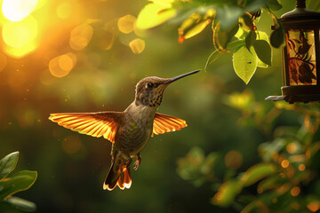 Fototapeta premium Hummingbird Hovering Near Vibrant Flowers in Tropical Jungle. Colibri bird against blurred natural background. Concept of harmony between wildlife and nature