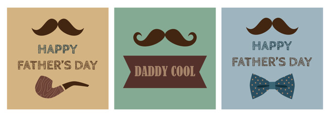 Father's Day cards set. Holiday concept with mustache, bow tie and text. For posters, prints, greeting cards