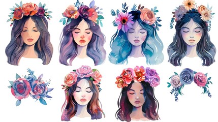 Obraz premium Enchanting Floral Crowns and Dreamy Feminine Portraits