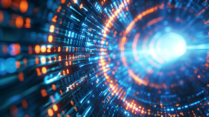 Fototapeta premium Abstract digital background featuring flowing binary code in blue and orange colors, forming a tunnel-like structure with a bright light at the end.