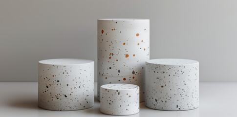 four white terrazzo cylinder podiums in different sizes, on grey background, minimalism