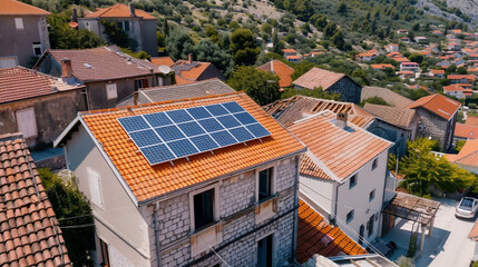 Solar panels on a residential street. Top view of a house with solar panels installed on the roof. Future concept