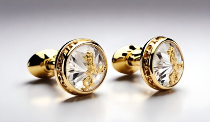 Ancient gold men's cuff links with rock crystal are isolated on a white background

