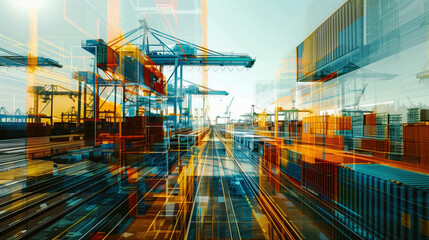 Digital composite of a busy shipping port with containers and cranes, featuring dynamic lines and abstract overlay to emphasize logistics and technology in transportation.
