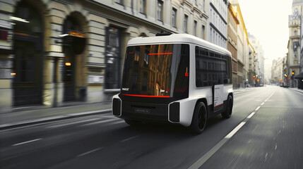 Fototapeta premium A sleek, futuristic autonomous bus travels through a nearly empty city street lined with historic buildings. The bus features a modern design with large windows and minimalistic aesthetics.