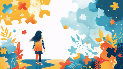 Girl with Puzzle Pieces Background, Symbolizing Autism Spectrum Disorder for Website Background